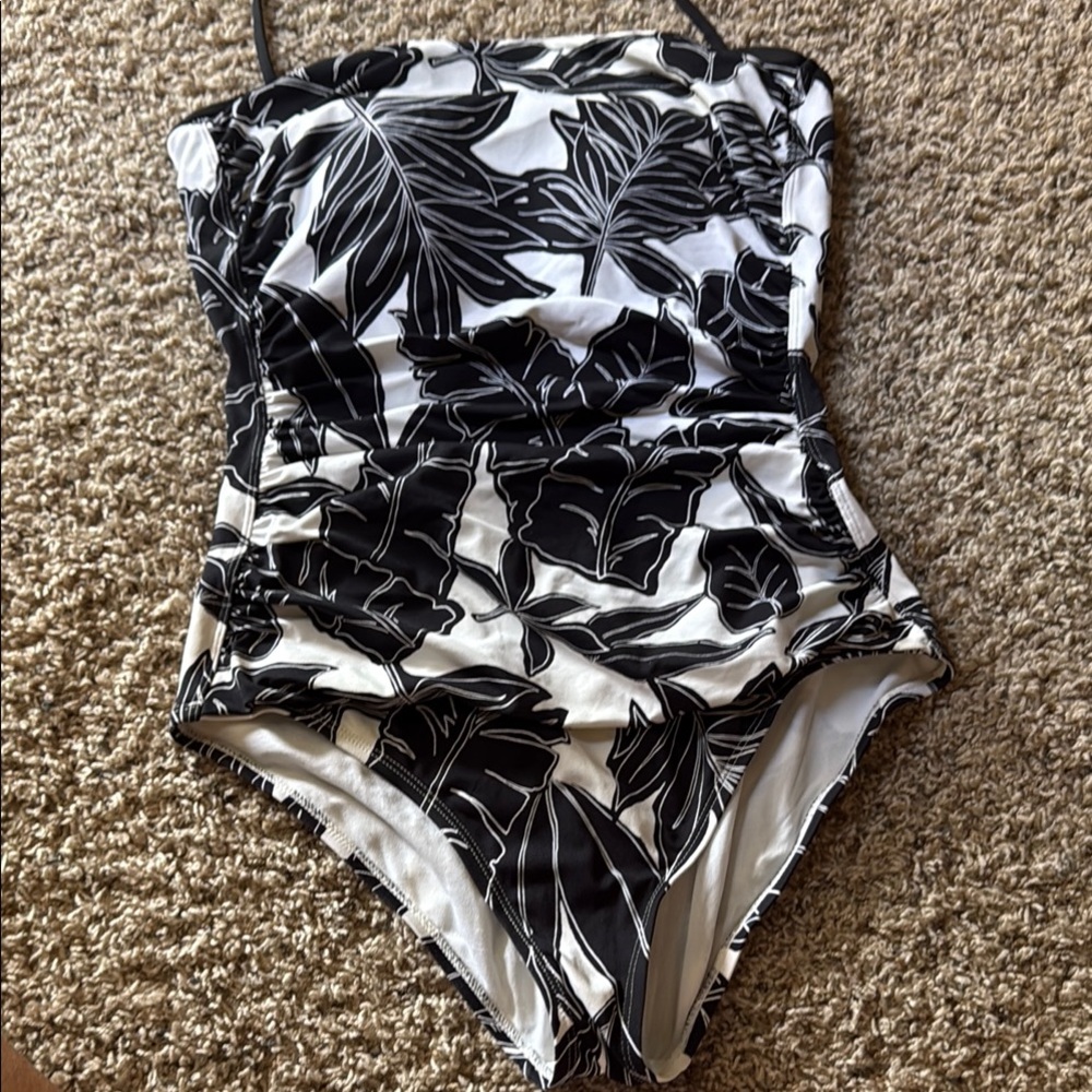 Tommy Bahama Black and White Leaf Print One Piece Swimsuit
